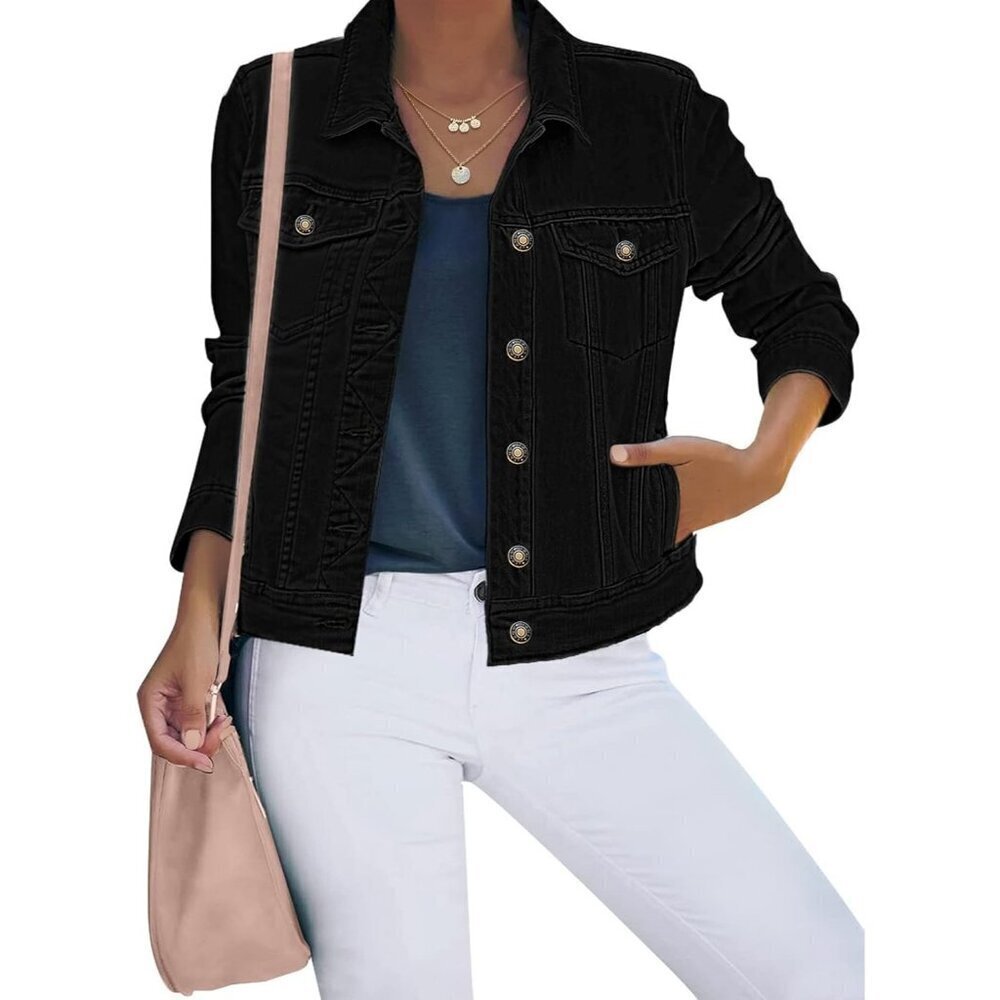 Women's Button Down Stretch Fitted Long Sleeves Denim Jean Jacket Always Black